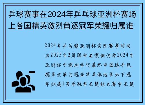 乒球赛事在2024年乒乓球亚洲杯赛场上各国精英激烈角逐冠军荣耀归属谁手